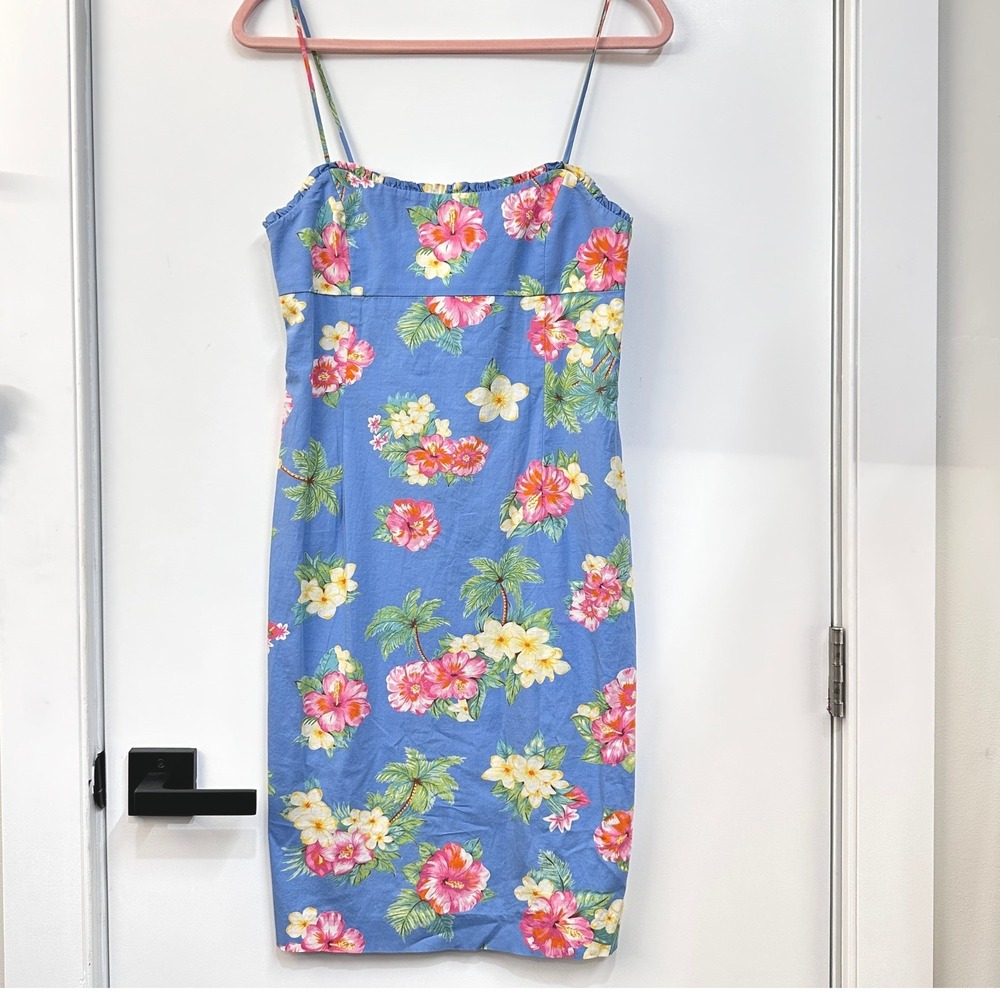 Vintage Y2K Ralph Lauren Floral Sheath Dress S Blue Tropical Hibiscus Coquette